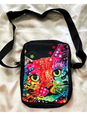 CROSSBODY, FABRIC, DEAN RUSSO ARTIST LICENSED ITEM, MULTICOLOUR CAT FACE FRONT,